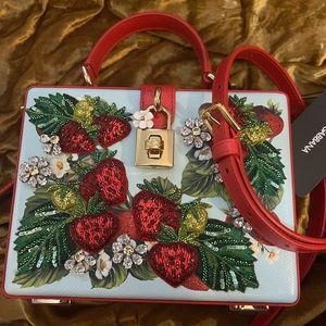 Dolce and Gabbana Dauphine Strawberry Embellished Box Bag NWT